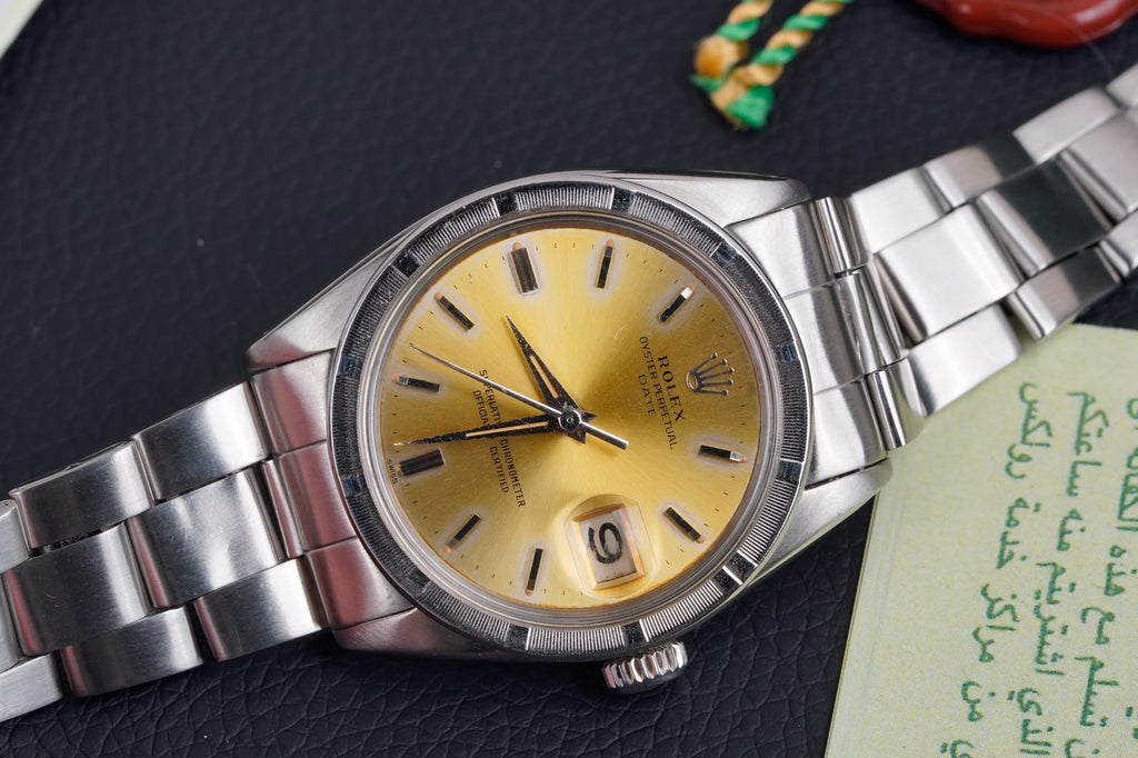 Rolex Oyster Perpetual Date 1501 – Vintage Champagne Dial – Engine-Turned Bezel – Full Set