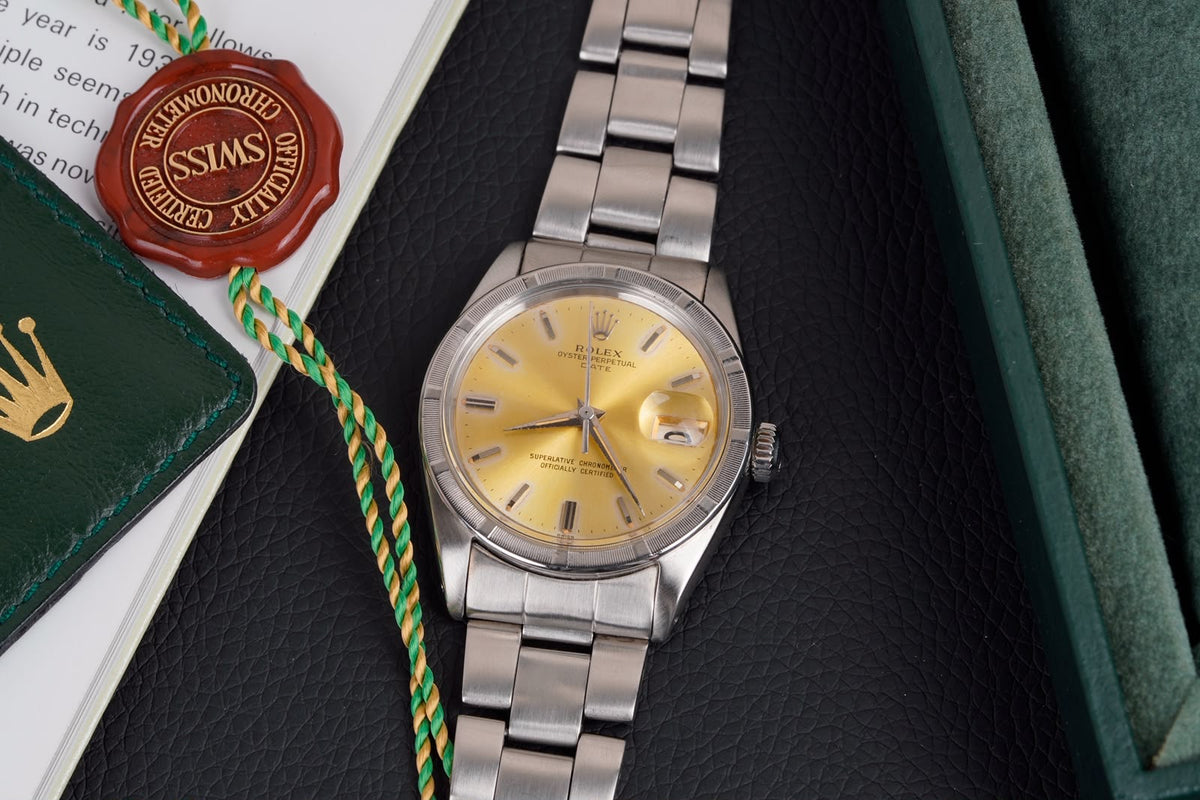 Rolex Oyster Perpetual Date 1501 – Vintage Champagne Dial – Engine-Turned Bezel – Full Set
