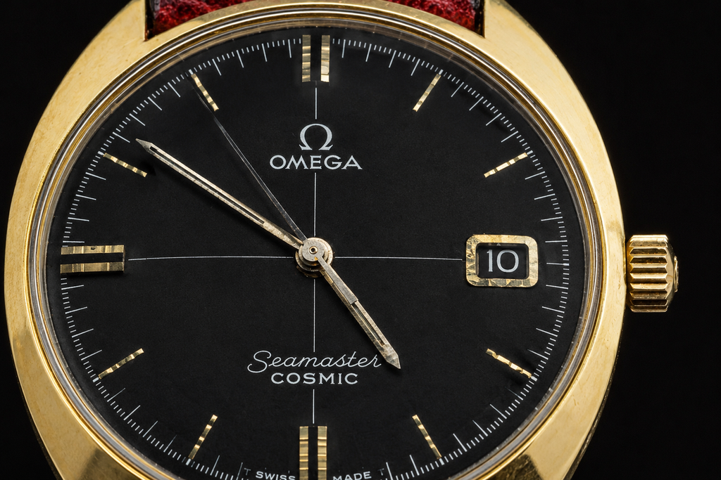 Vintage Omega Seamaster Cosmic Black Dial Gold Plated Manual Wind Watch