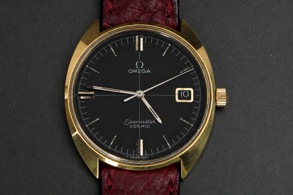 Vintage Omega Seamaster Cosmic Black Dial Gold Plated Manual Wind Watch
